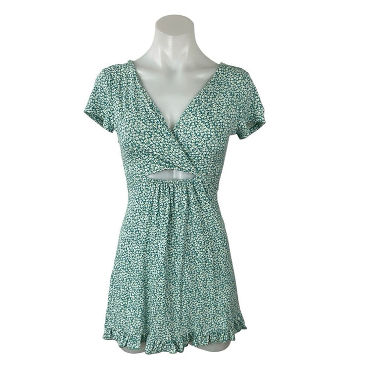 Pull & Bear Green Ditsy Floral Short Sleeve Cutout Ruffle A Line Mini Dress XS