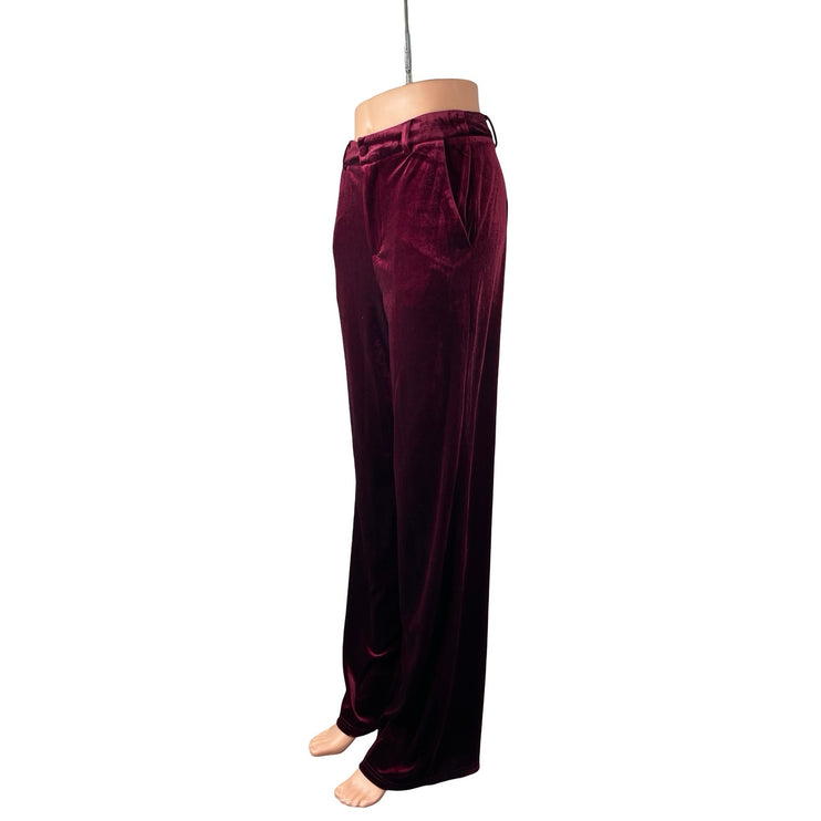 D'Abea Women's Red Velvet Velour High Rise Palazzo Wide Leg Trousers Pants Sz S