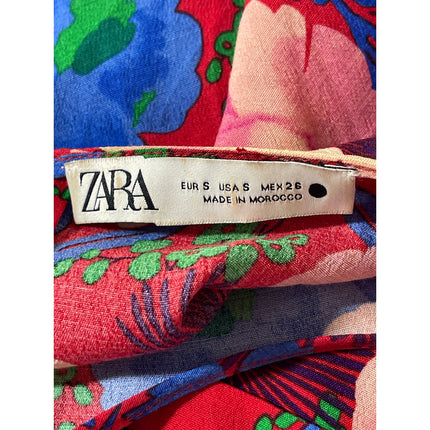 Zara Women Red Multicolor Floral Long Sleeve Pleated Crew Neck Blouse Top Size S