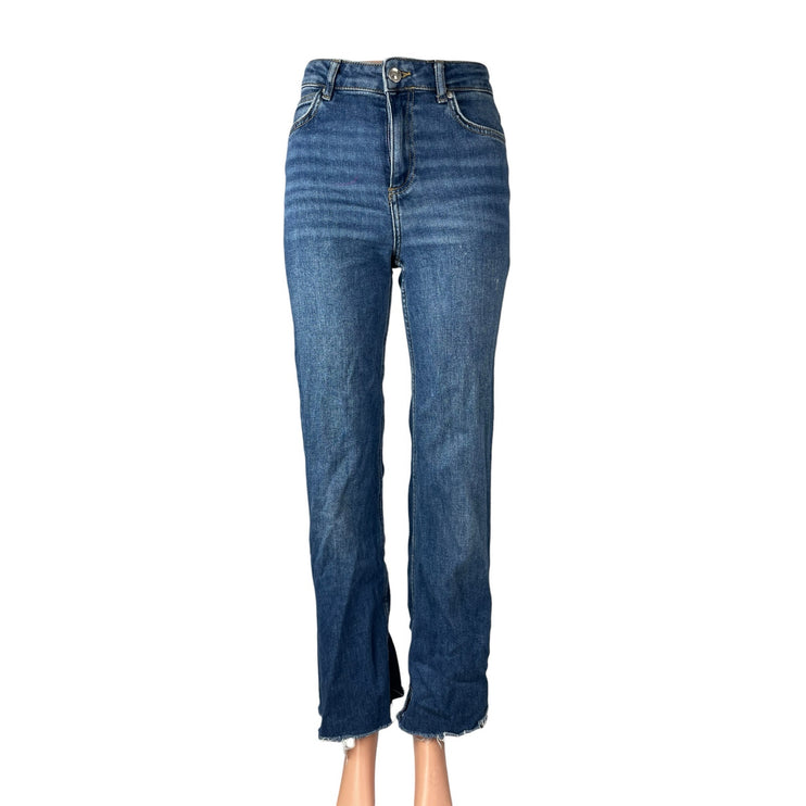 Zara Women's Medium Blue Raw Frayed Hem High Rise Straight Denim Jeans Pants 4