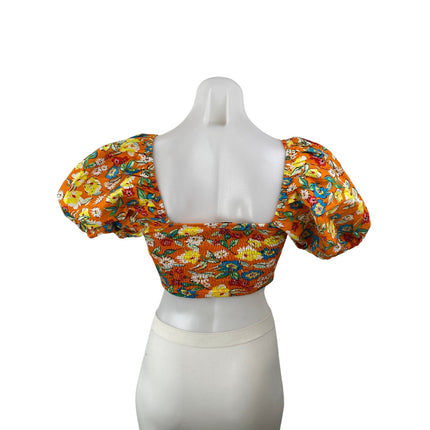 Zara Women's Coral Floral Smocked Short Puff Sleeve Square Neck Crop Top Size S