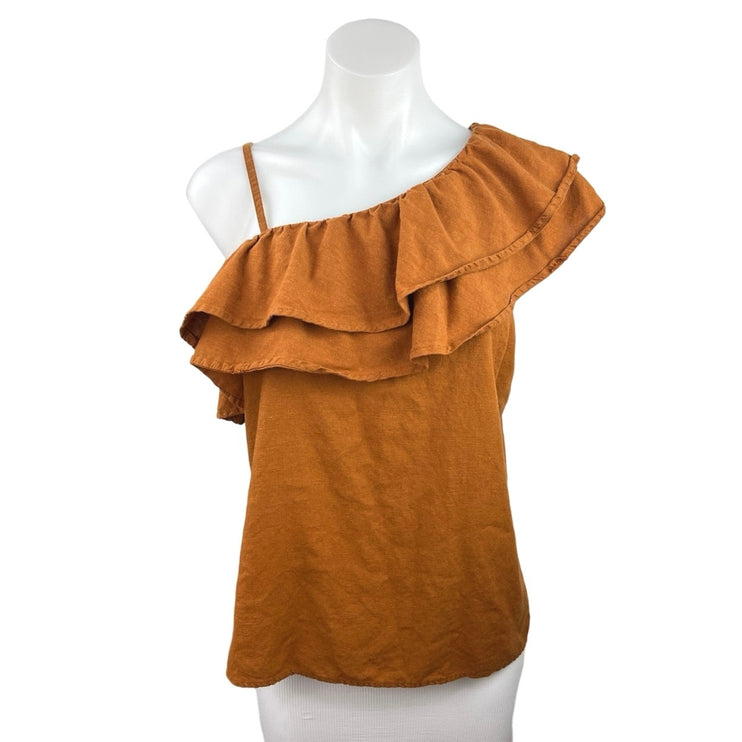 Old Navy Brown Linen One Shoulder Ruffle Tiered Sleeveless Blouse Top Size M