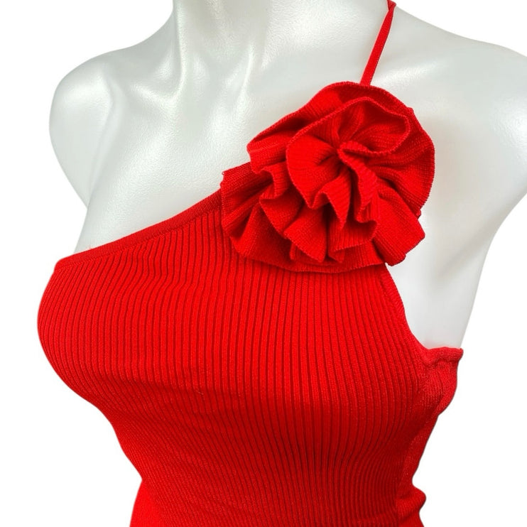 NIA Marais Red Ribbed Knit One Shoulder 3D Floral Sleeveless Cami Blouse Top M