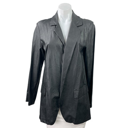 Womens Black Faux Vegan Leather Long Sleeve Pockets Blazer Coat Jacket Size L
