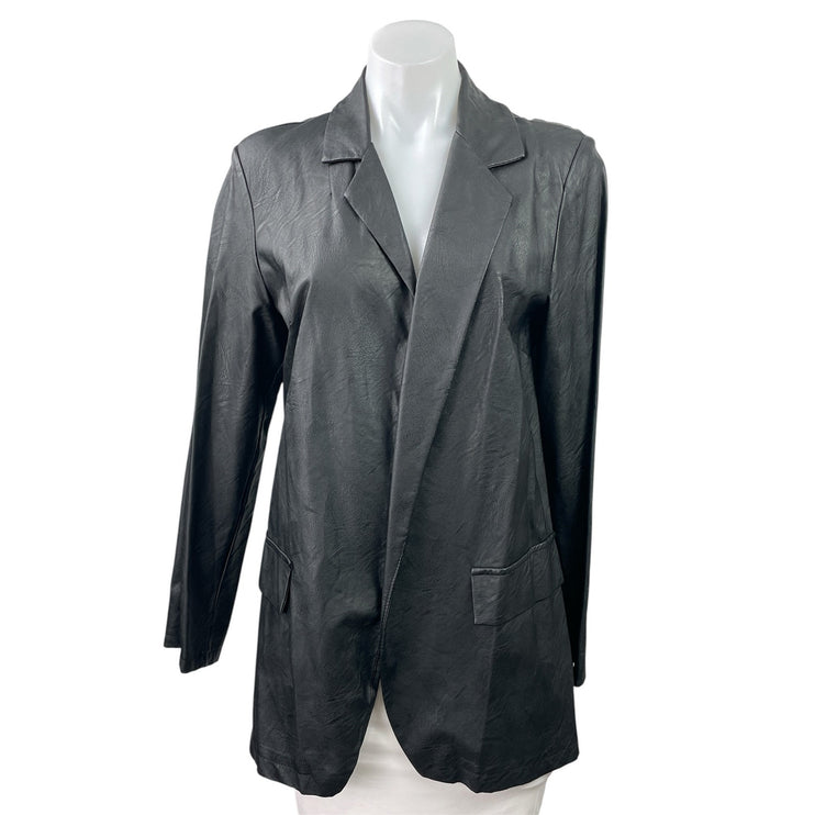 Womens Black Faux Vegan Leather Long Sleeve Pockets Blazer Coat Jacket Size L