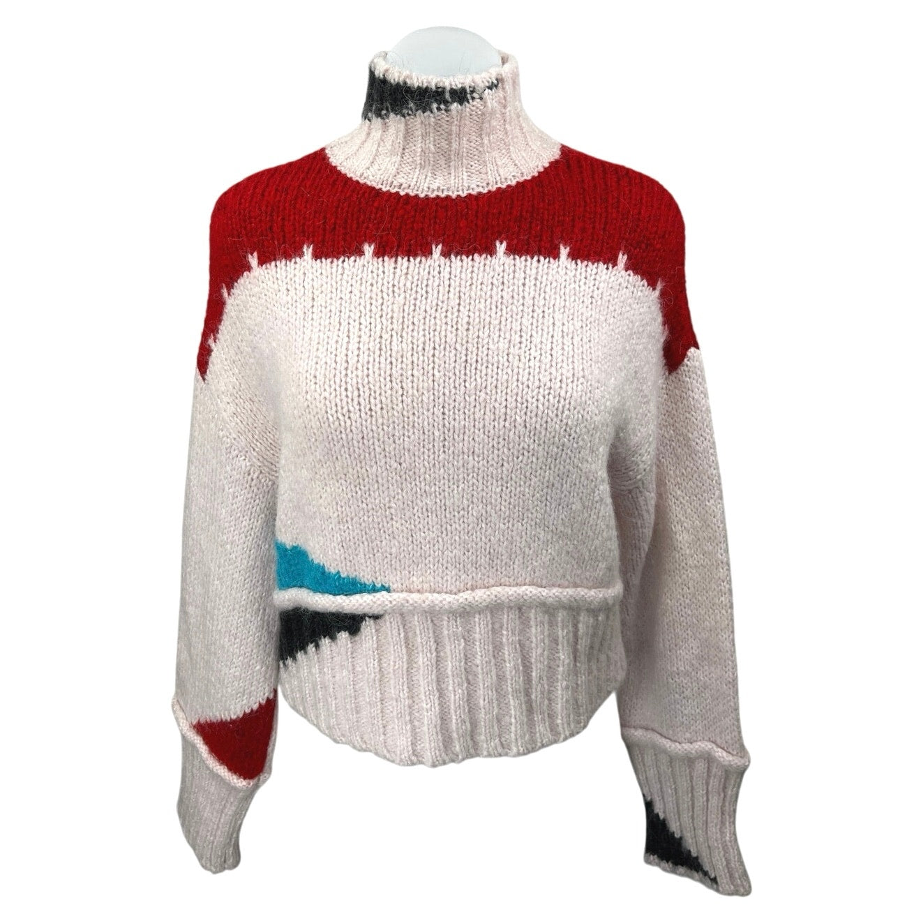 Zara Pink Red Wool Turtleneck Oversized Colorblock Pullover