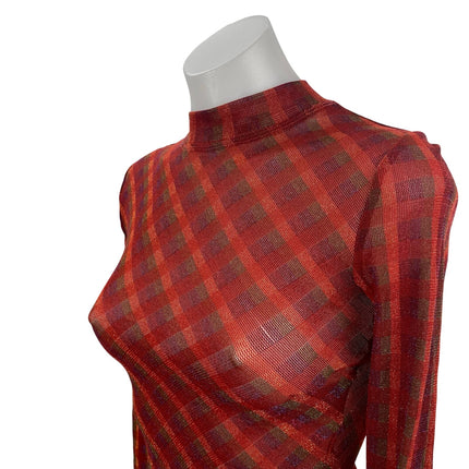 Urban Outfitters Red Plaid Mock Neck Long Sleeve Open Back Cropped Blouse Sz S