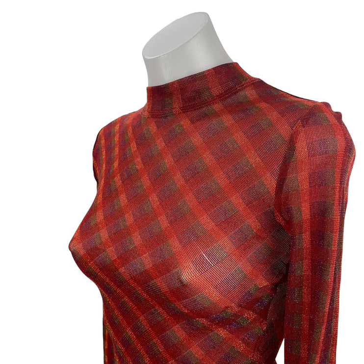 Urban Outfitters Red Plaid Mock Neck Long Sleeve Open Back Cropped Blouse Sz S