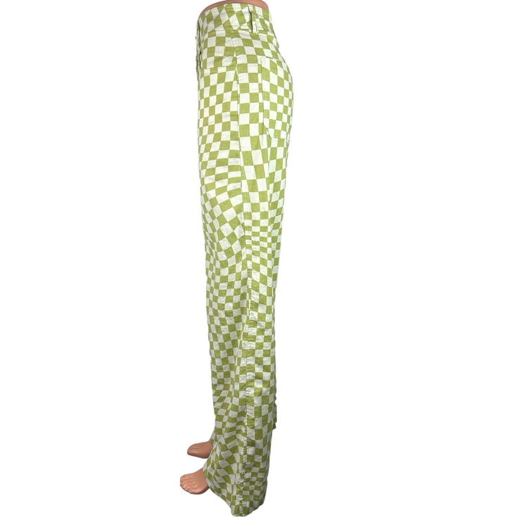 Zara Green White Linen Gingham Check High Rise Ankle Wide Leg Pants Size M