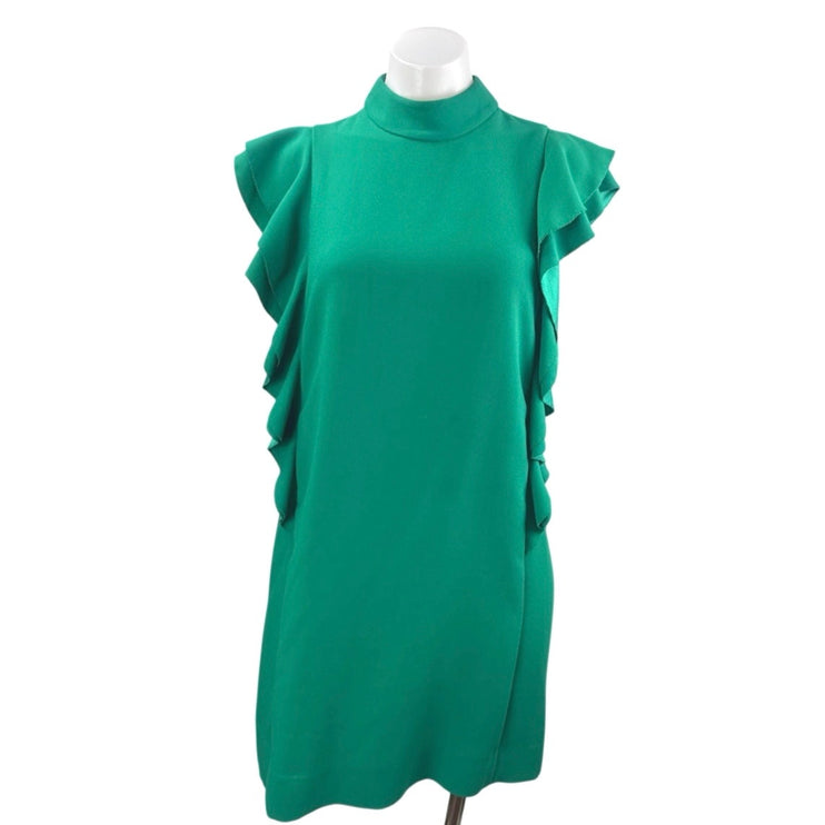 Kate Spade Satin Crepe Green Mock Neck Ruffle Flutter Sleeve Mini Shift Dress 6