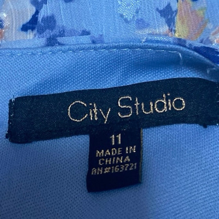 City Studio Blue Floral Lace Tiered Ruffle Flounce Puff Sleeve Mini Dress Size 11