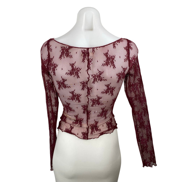 Free People Full Bloom Red Layering Mesh Sheer Lace Long Sleeve Blouse Top Sz XS