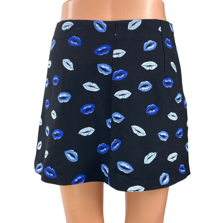Zara Women's Black Blue Lips Graphic Print High Waist A Line Mini Skirt Size S