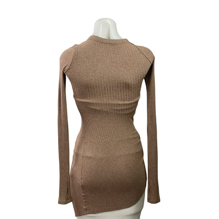 Alix NYC Beige Ribbed Knit Long Sleeve Twist Front Asymmetric Blouse Top Size S
