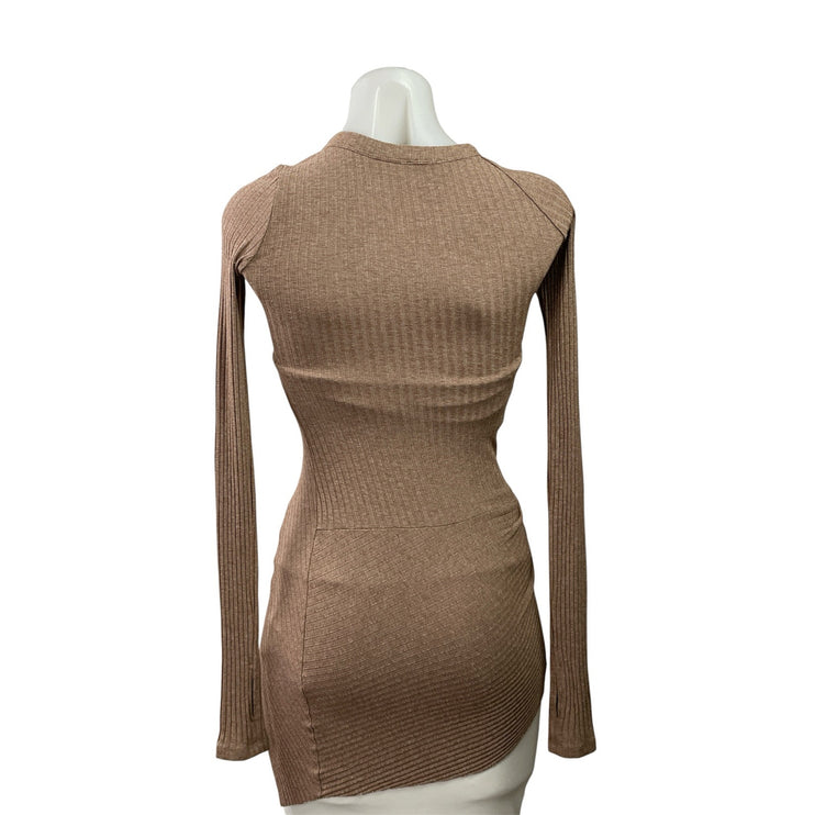Alix NYC Beige Ribbed Knit Long Sleeve Twist Front Asymmetric Blouse Top Size S