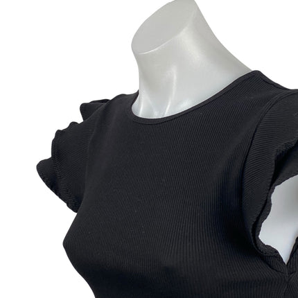 Zara Women's Black Ruffle Sleeve Crew Neck Ribbed Knit Cropped Blouse Top Size S