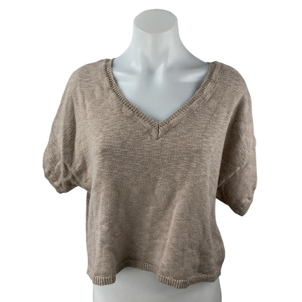 By Together Women's Brown Tan V-Neck Short Sleeve Crop Knit Sweater Top Size S