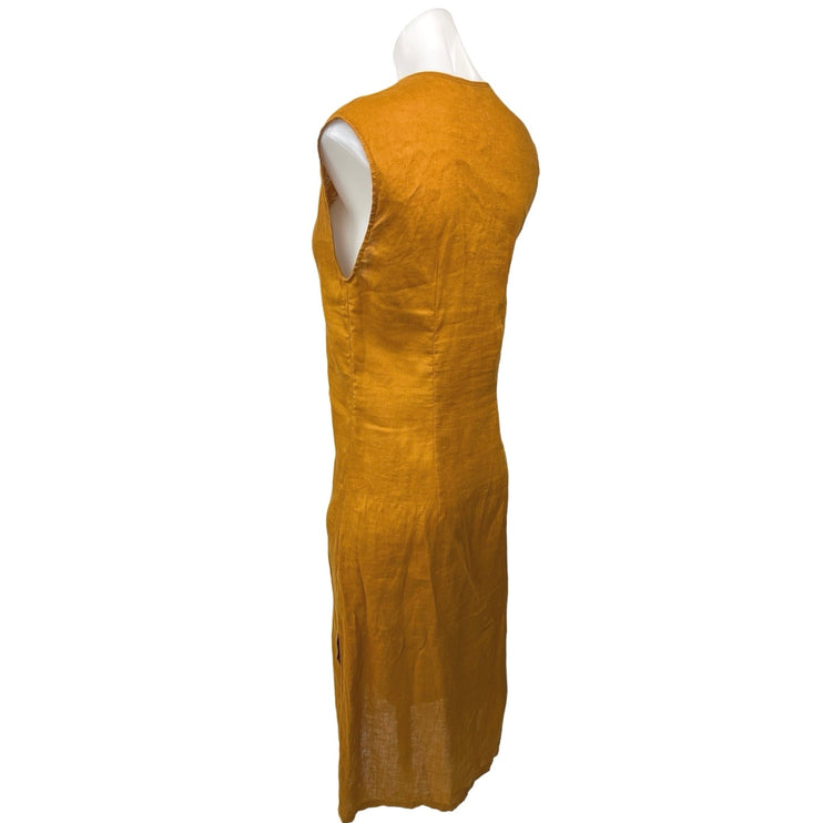 Zara 100% Linen Yellow Orange Plunge V Sleeveless Midi Sheath Dress Size XS