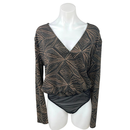 VICI Black Bronze Metallic Glitters Faux Wrap Long Sleeve Blouse Top Bodysuit XL