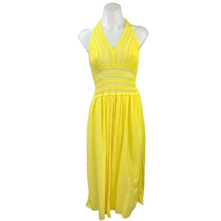 Seaspice Yellow Halter Crochet Knit Sleeveless Smocked Beach Midi Dress Size M