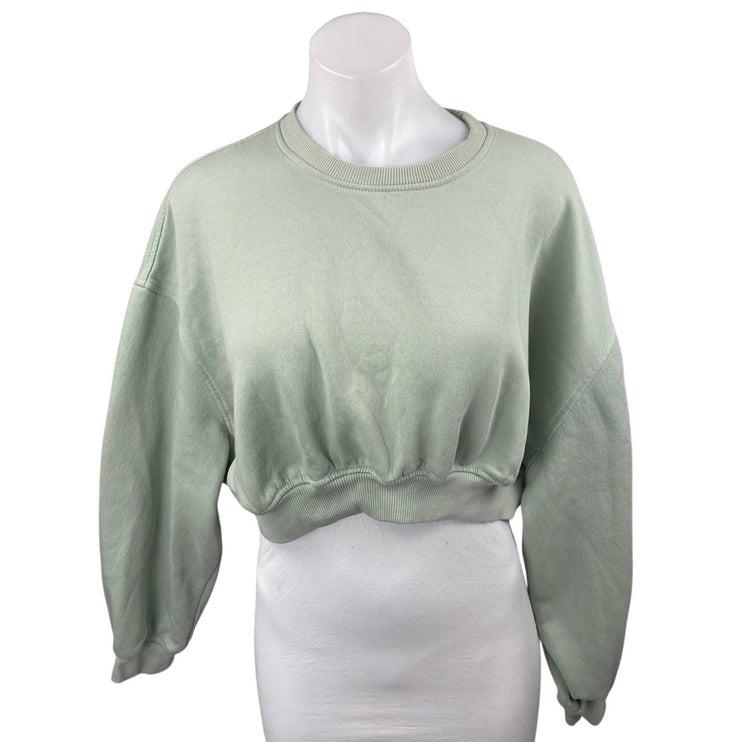 Zara Women's Green Fleece Long Sleeve Crew Neck Cropped Sweatshirt Top Size L