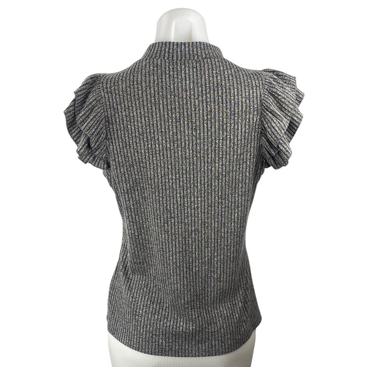 Jessica Simpson Valerie Gray Ribbed Mock Neck Ruffle Flutter Sleeve Blouse Top L