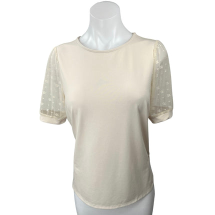 Adrianna Papell Women's Cream Floral Mesh Sleeve Round Neck Blouse Top Size S