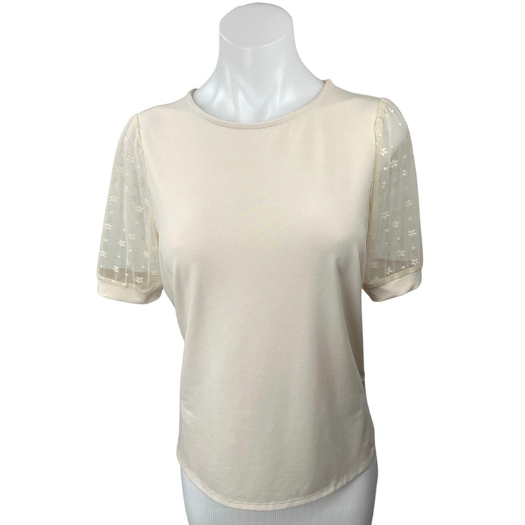 Adrianna Papell Women's Cream Floral Mesh Sleeve Round Neck Blouse Top Size S