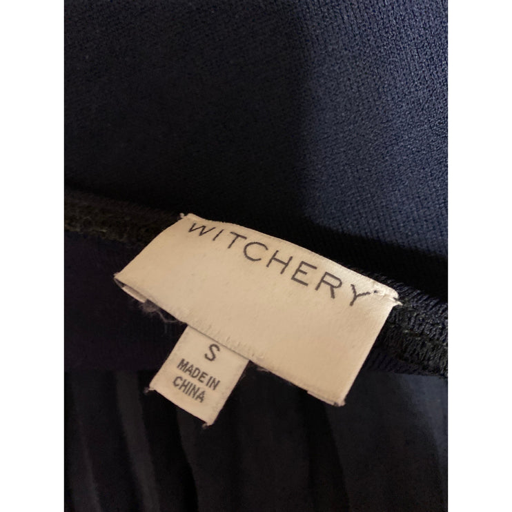 Witchery Women's Blue Black Pleated Square Neck Long Sleeve Midi A-Line Dress S