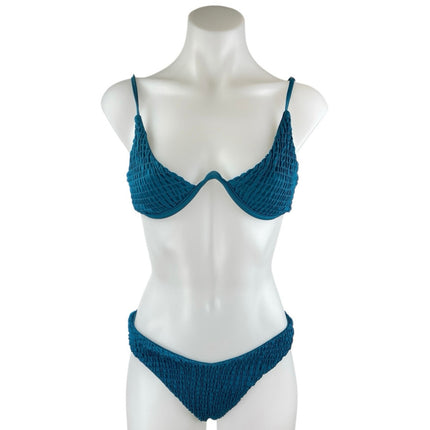 Zaful Womens Teal Blue V Wired Textured Two Piece Bikini Swimsuit Swimwear Sz 6