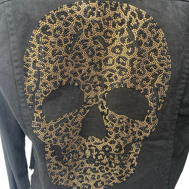 htrailz Black Leopard Skull Beaded Jeweled Rhonestone Long Sleeve Coat Jacket M