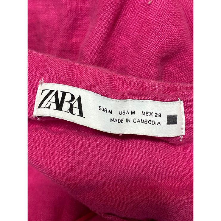 Zara Pink 100% Linen Tie Cami Strap Backless Babydoll Ruffle Mini Dress Size M