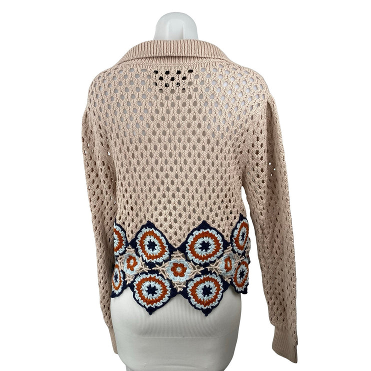 Chufy Women's Beige Crochet Knit Collared Long Sleeve Sweatshirt Sweater Top M