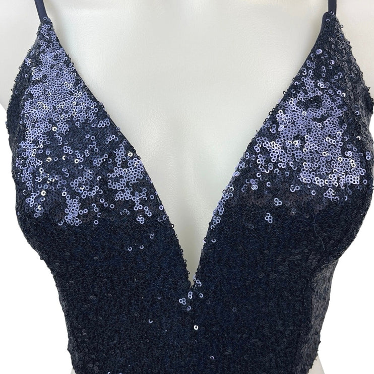 Solemio Blue Sequin Sparkly Plunge V Sleeveless Clubwear Party Crop Top Size M