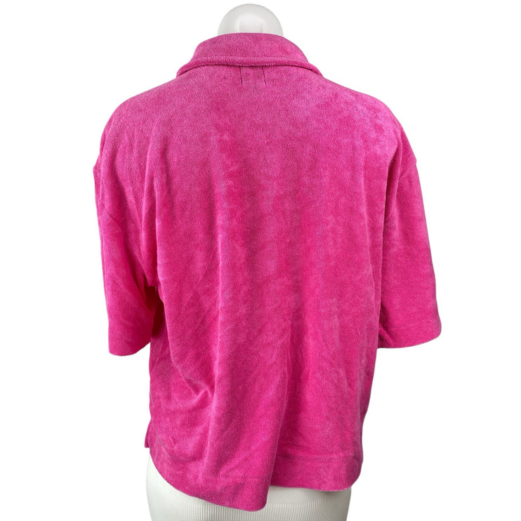 NEW Gap Women Pink Short Sleeve Towel Terry Pocket Button Down Shirt Top Size M