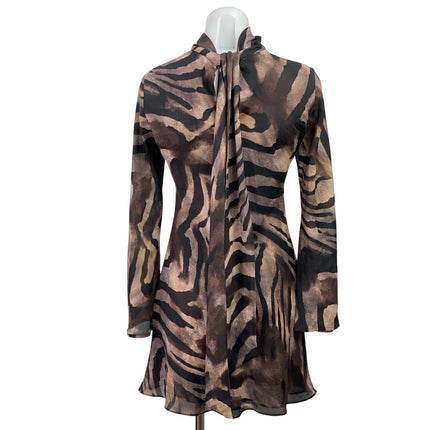 MNG Mango Brown Satin Zebra Back Bow Mock Neck Long Sleeve A Line Mini Dress 2