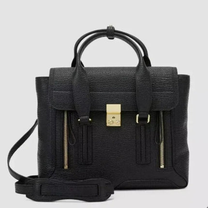 3.1 Phillip Lim Pashli Medium Black Gold Leather Satchel Crossbody Handbag OS