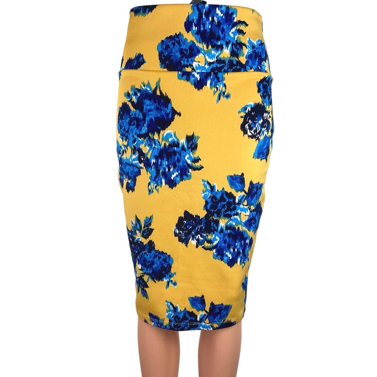 Silhouette NYC Yellow Blue Floral Stretch Straight Pencil Career Office Skirt M