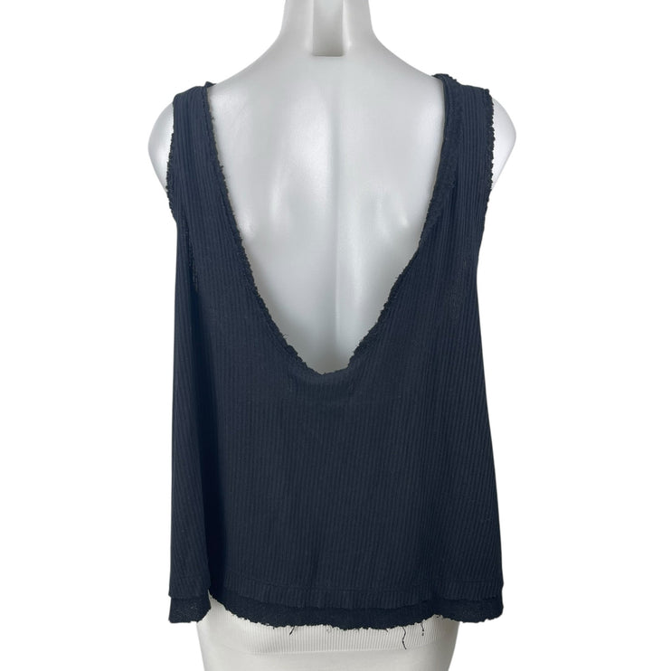 Free People We The Free Black Rib Knit Fringe V Open Back Boxy Tank Top Size S