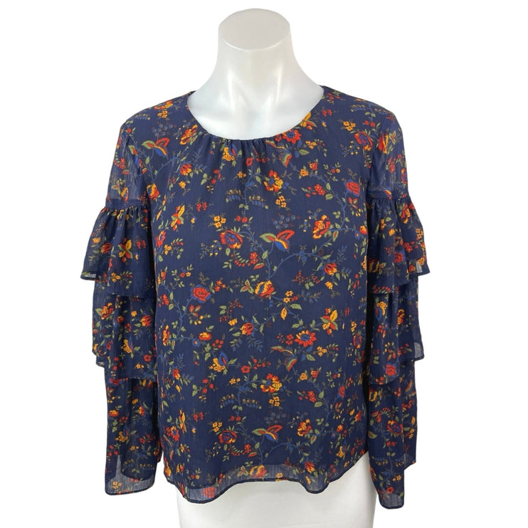 Madewell Navy Blue Floral Chiffon Ruffle Tiered Long Sleeve Blouse Top Size S