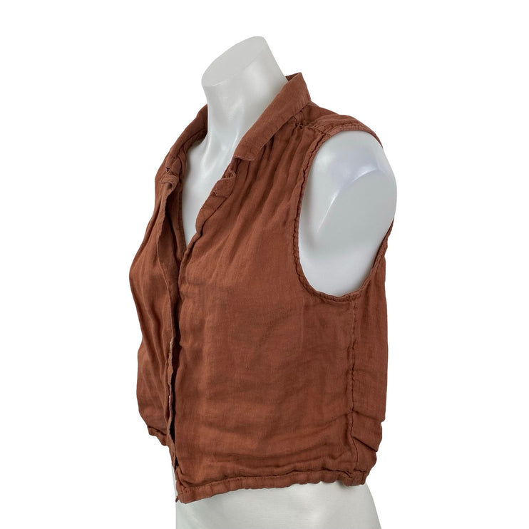 Rachel Zoe Brown 100% Linen Sleeveless V Neck Button Down Crop Shirt Top Size M