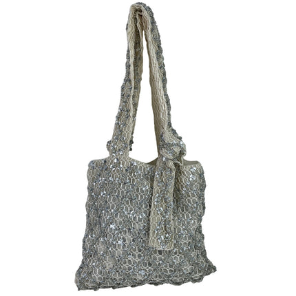 Zara Women's Silver Beaded Embellished Mesh Bow Tie Boho Tote Handbag Size OS