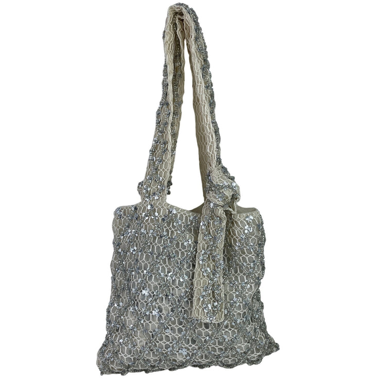 Zara Women's Silver Beaded Embellished Mesh Bow Tie Boho Tote Handbag Size OS