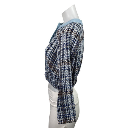 Zara Blue Tweed Long Sleeve Plaid Button Down Textured Cropped Jacket Top Size S