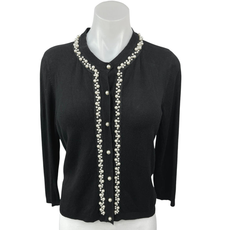 Zara Black Pearl Beaded Embellished Button Knit Cardigan Sweater Top Size M