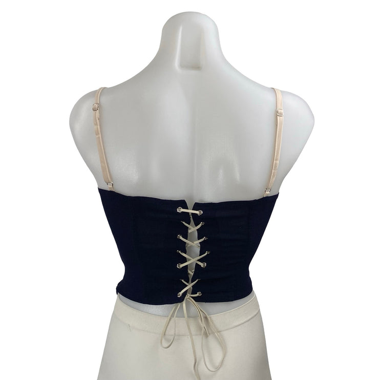 Motel Women's Navy Blue Lace Bow Corset Bustier Sleeveless Cami Crop Top Size XS
