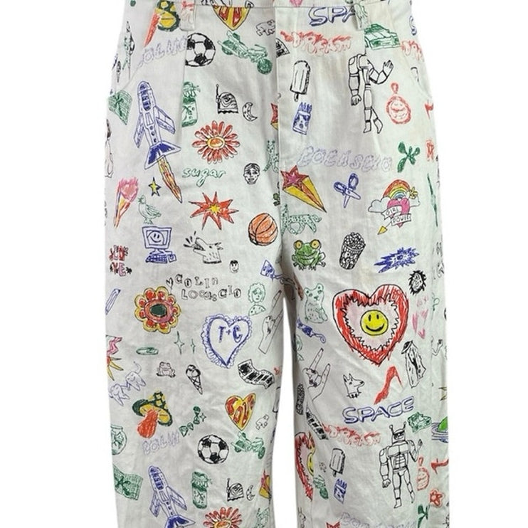 Colin LoCascio Jenni Dear Diary Doodle Palazzo Wide Straight Denim Jean Pants M