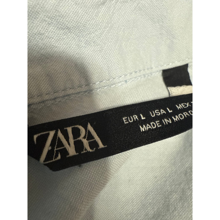 Zara Women's Blue Long Sleeve V Neck Collared Button Down Shirt Top Size L