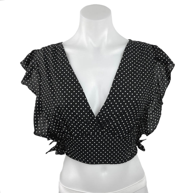 Free People Black White Polka Dots Ruffle Flutter Sleeve V Neck Cropped Top Sz S