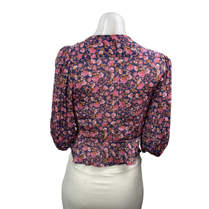 MNG Mango Pink Floral 3/4 Puff Sleeve V Neck Tie Cropped Blouse Top Size 2